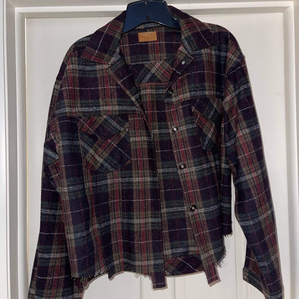 POL Plaid Shirt Jacket in Burgundy, Olive & Navy